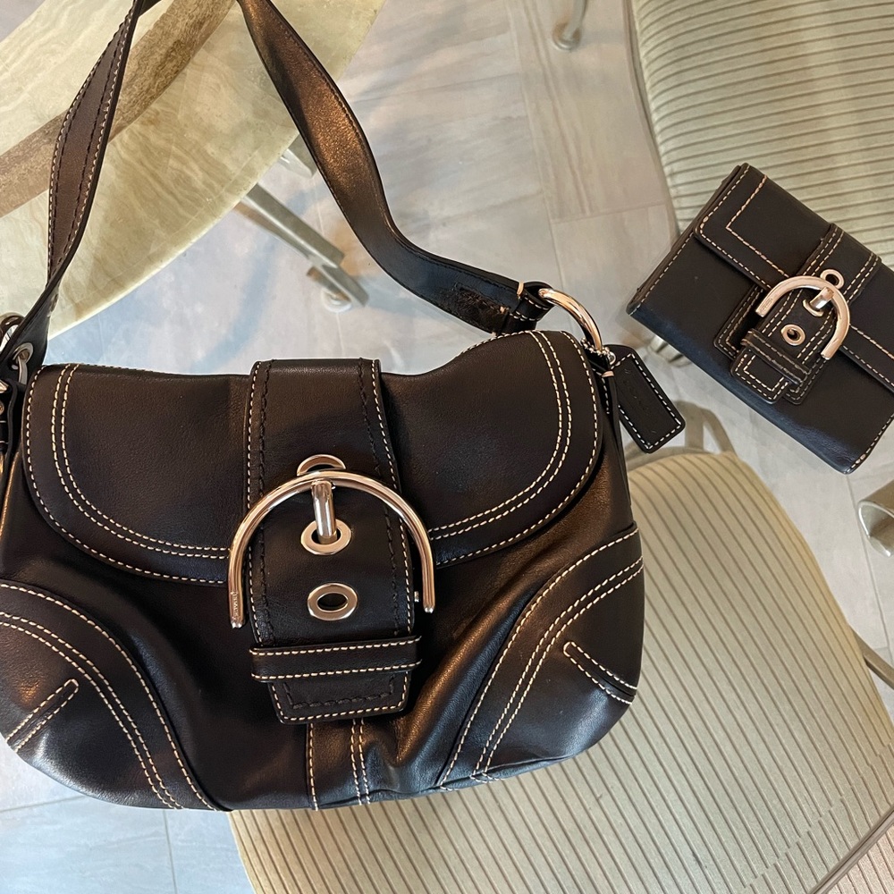 Vintage Black Leather Coach Purse with Matching Wallet